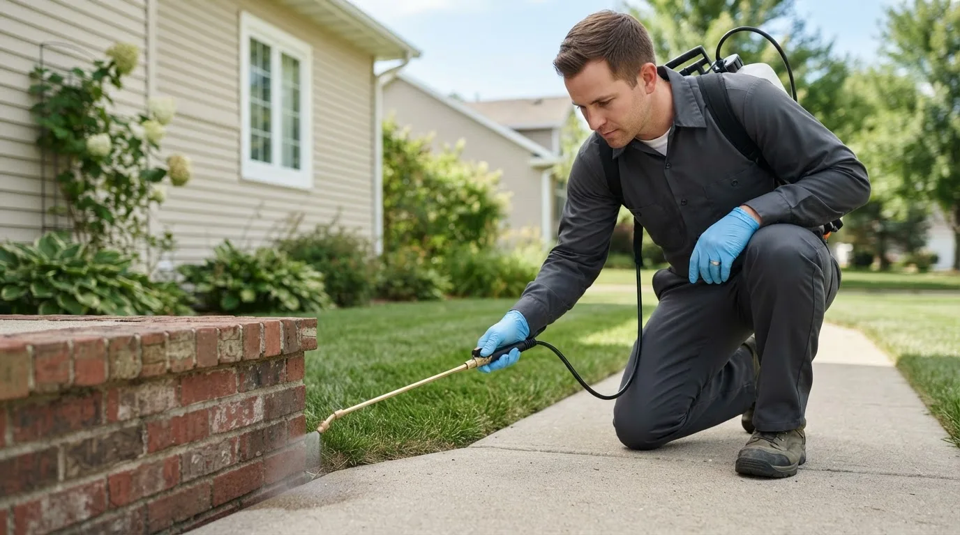 Pest control technician treating a home near Poolville, TX