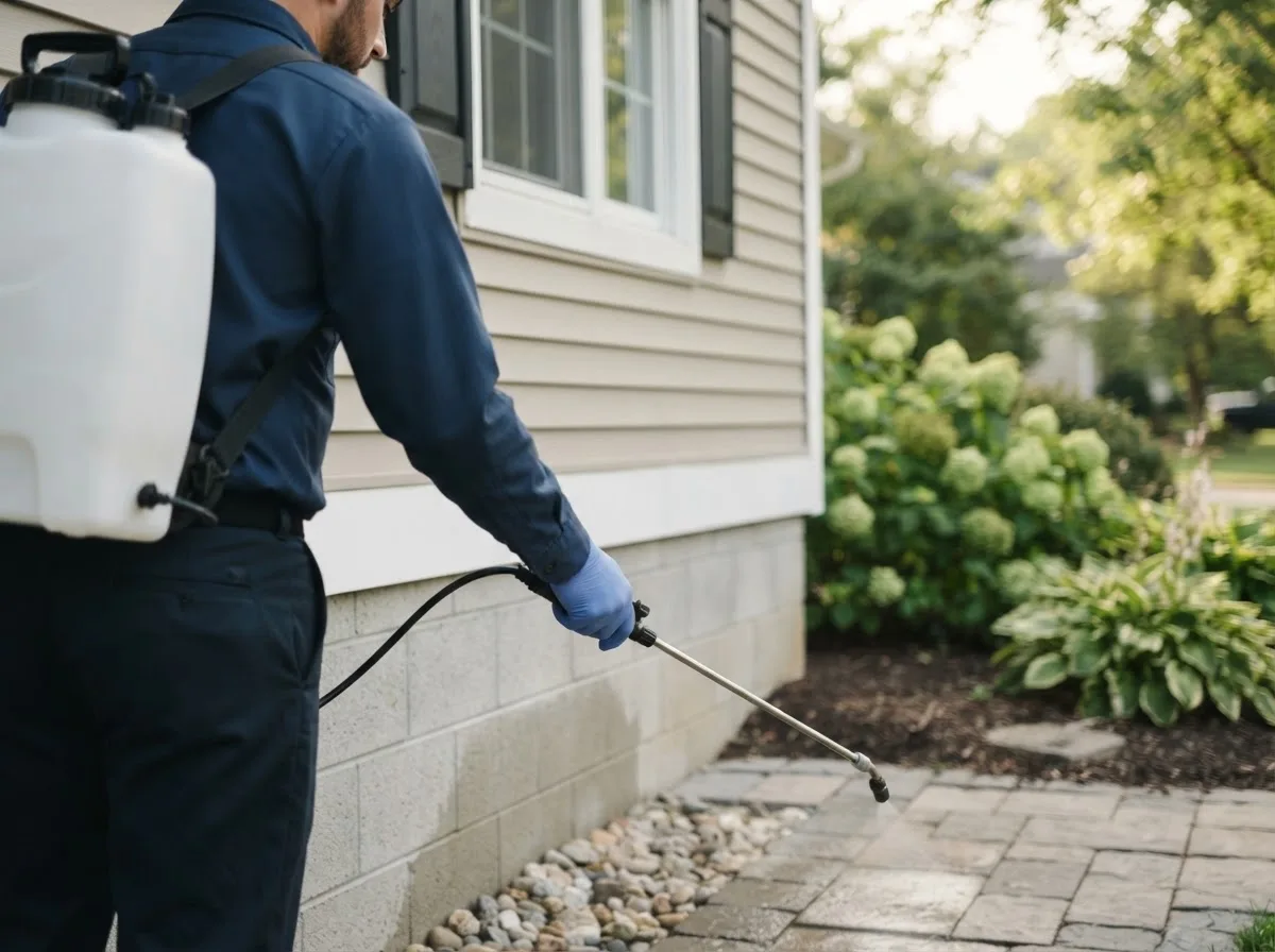 Pest control technician inspecting a home in Poolville, TX